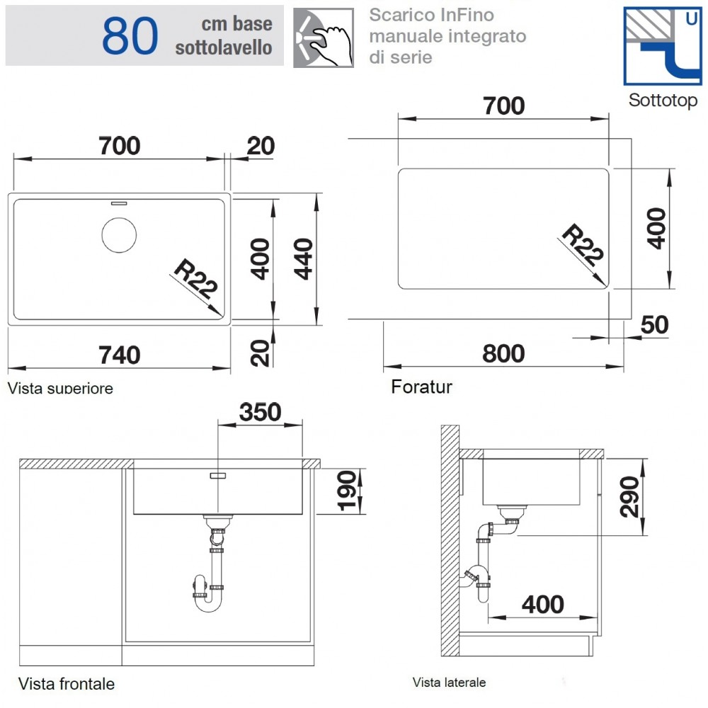 Lavello Monovasca Sottotop 74 x 44 cm Acciaio Inox 1 Vasca 70 x 40 cm  scarico InFino e troppopieno rettangolare ANDANO 700-U BLANCO 1518614 -  518614