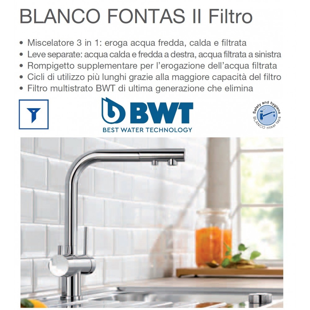 Miscelatore da Cucina a 3 vie con comandi separati e Acqua filtrata Canna  Alta Girevole Cromato Blanco FONTAS II Filtro Drink 1525227 - 525227