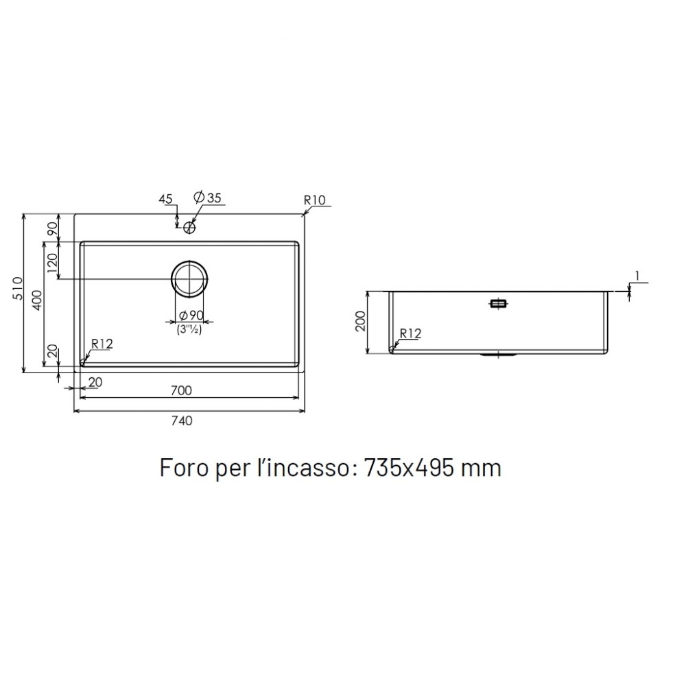 Lavello 1 Vasca con banco rubinetteria Filotop 750 x 510 mm Acciaio Inox  MAKI MIX-R SATINATO Plados SR7500