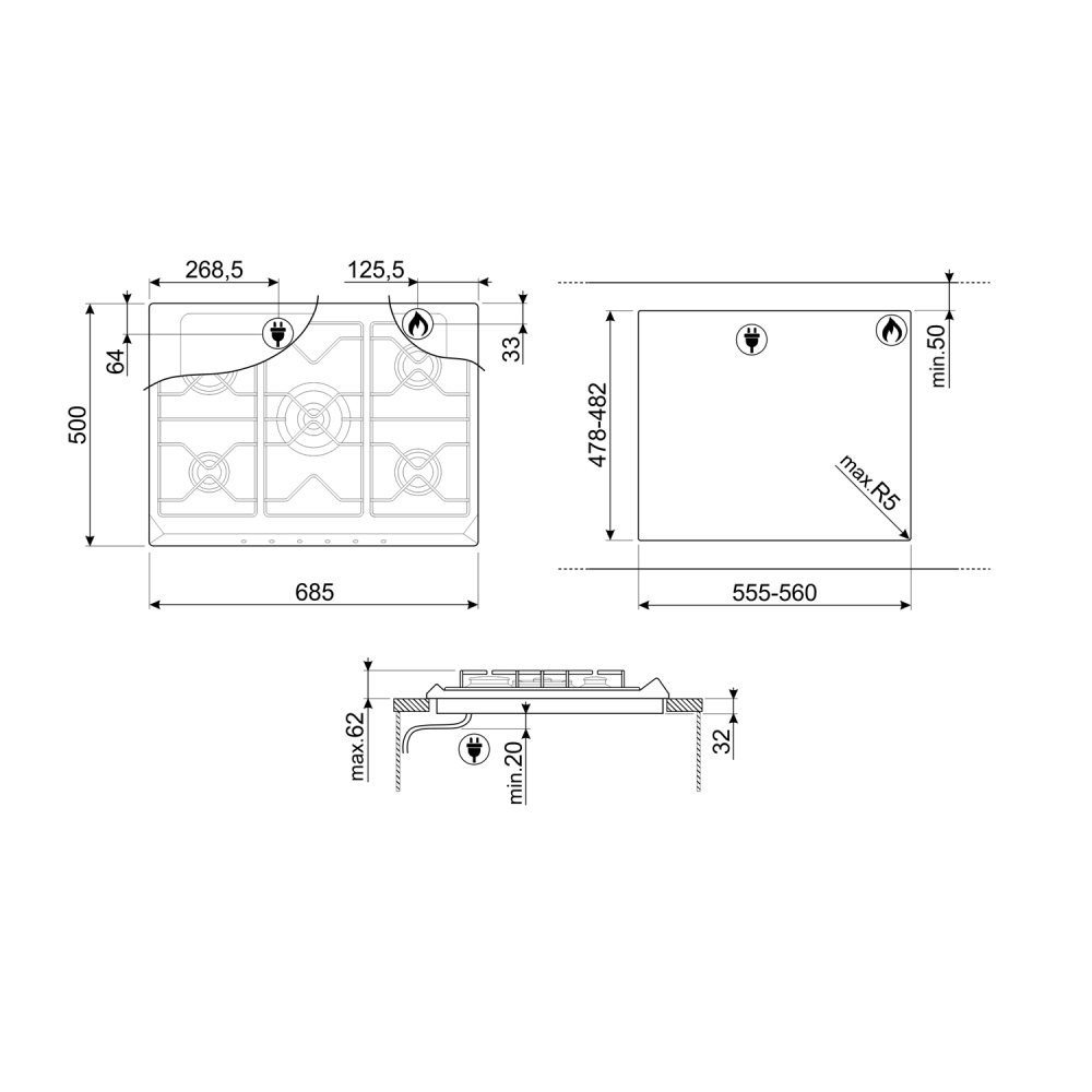 Piano Cottura da Incasso 70 cm 5 Fuochi Gas Rame Smeg SRV876RAGH