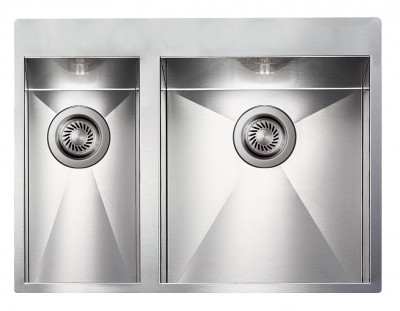 Lavello da Incasso 2 Vasche 67 x 50 cm Vasca Grande a Destra Slim Acciaio Inox satinato con fascia miscelatore FILOQUADRA MIX 	012933.D2.01.2033 - 012933DCSSP