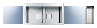 Lavello da Incasso 2 Vasche Flat Semifilo 86 x 50 cm Acciaio Inox con Tagliere in Vetro Silver e Colino Serie Eleganza Apell PD862IKITS