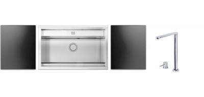 Lavello da Incasso 2 Vasche Flat Semifilo 79 x 50 cm Acciaio Inox con Tagliere in Vetro Nero e Miscelatore Telescopico APL1260CR Serie Eleganza Apell RE791IKITB