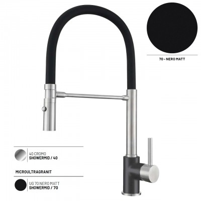 Plados SHOWERMID-70 Miscelatore cucina monocomando con doccetta sganciabile a doppio getto e attacco doccia automatico Showerrmid Nero finitura 70 NERO MATT MICROULTRAGRANIT 